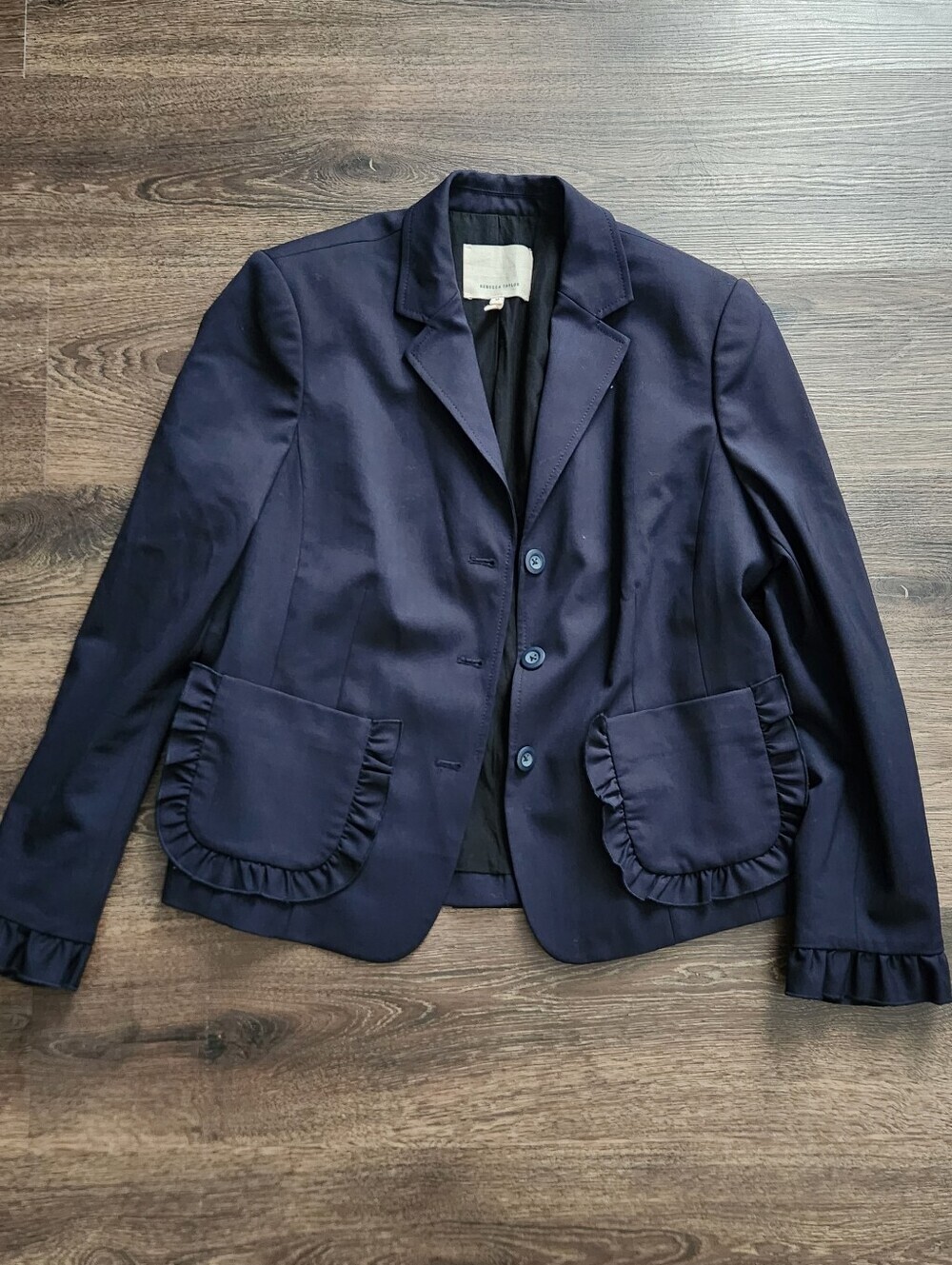 EUC Rebecca Taylor Navy Ruffle Pocket Blazer, Size 10